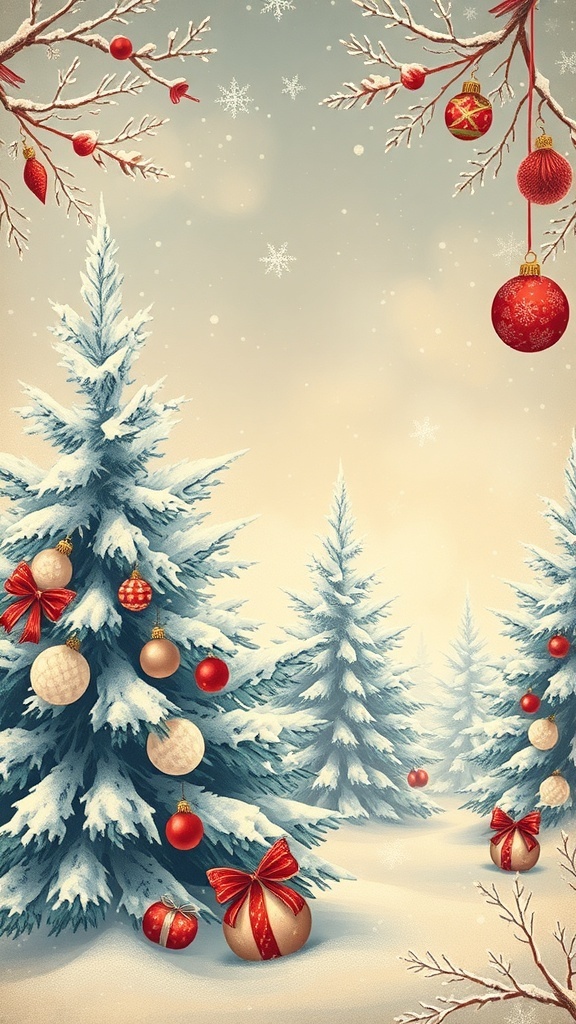 Vintage Christmas wallpaper with snowflakes and ornaments in soft colors.